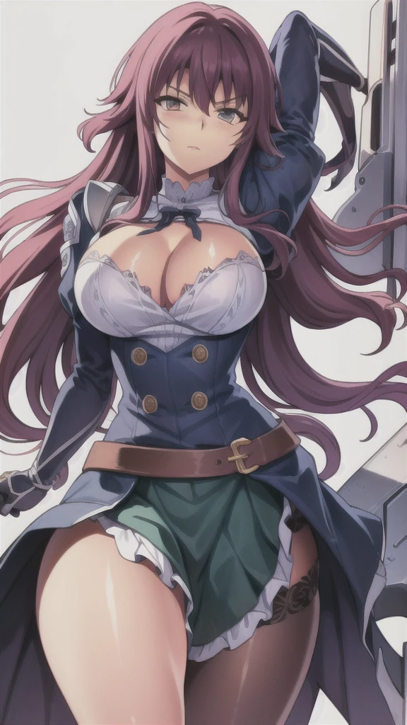 masterpiece,best quality,kim_kwang_hyun, 1gir, azuma, yellow highlights , rose-pink hair, solo, busty , large huge breasts, looking at viewer,  clear Cyan colored eyes, rose-pink hair, large huge breasts, long sleeves, dress, cleavage, closed mouth,weapon((large mechanical gauntlets)), puffy sleeves, arm up, clothing cutout, copyright name, green dress, cleavage cutout, juliet sleeves , power armor, shoulder armor, rose-pink hair,  Serious, clear Cyan colored eyes, Large mechanical gauntlets 