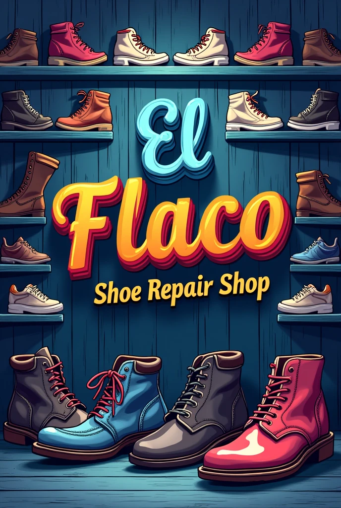 logo on a shoe store where its title is "El Flaco shoe repair shop " in Spanish where your background carries different types of shoes for women and men including sneakers and also carries the different types of shoe arrangements, with a range of vivid colors such as (blue,gray, purple) make it realistic