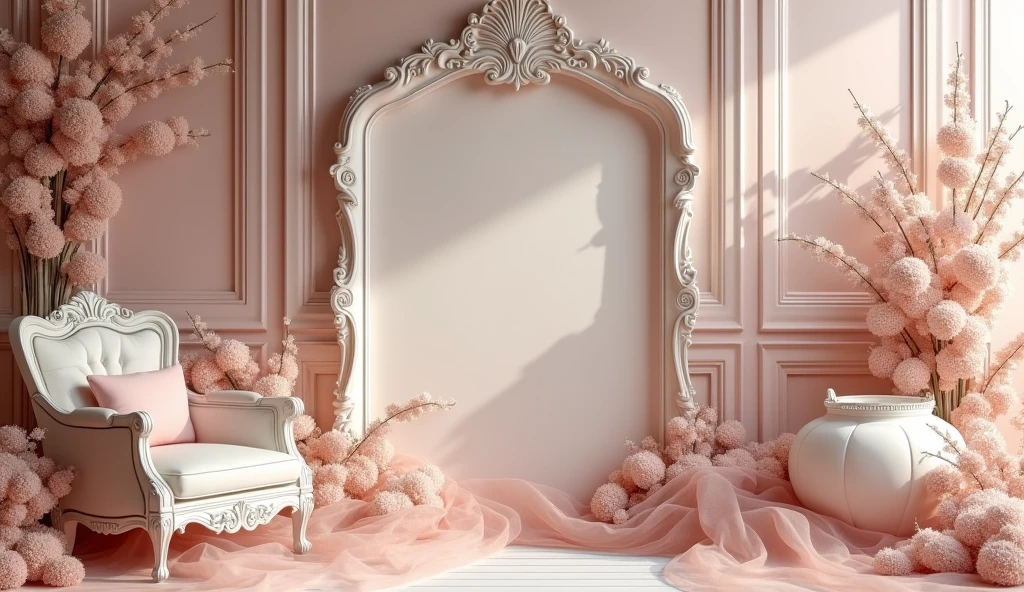 A hyper-realistic photo of a light pink and beige elegant templates design with a touch of sophistication to combine Victorian charm with Shabby Chic style, decorated with elegant sheer chiffon, antiques, baroque and gem stones, UHD, 8K resolution, masterpiece, high detailed. Ultra-realistic.