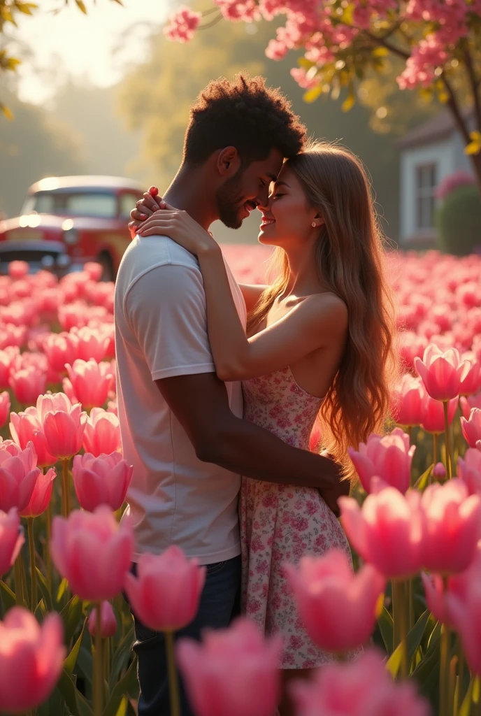 Couple formed by one with dark skin and straight hair and one with WHITE skin and LIGHT BROWN hair, hugging each other with a background of pink tulips and a car with McQueen's print