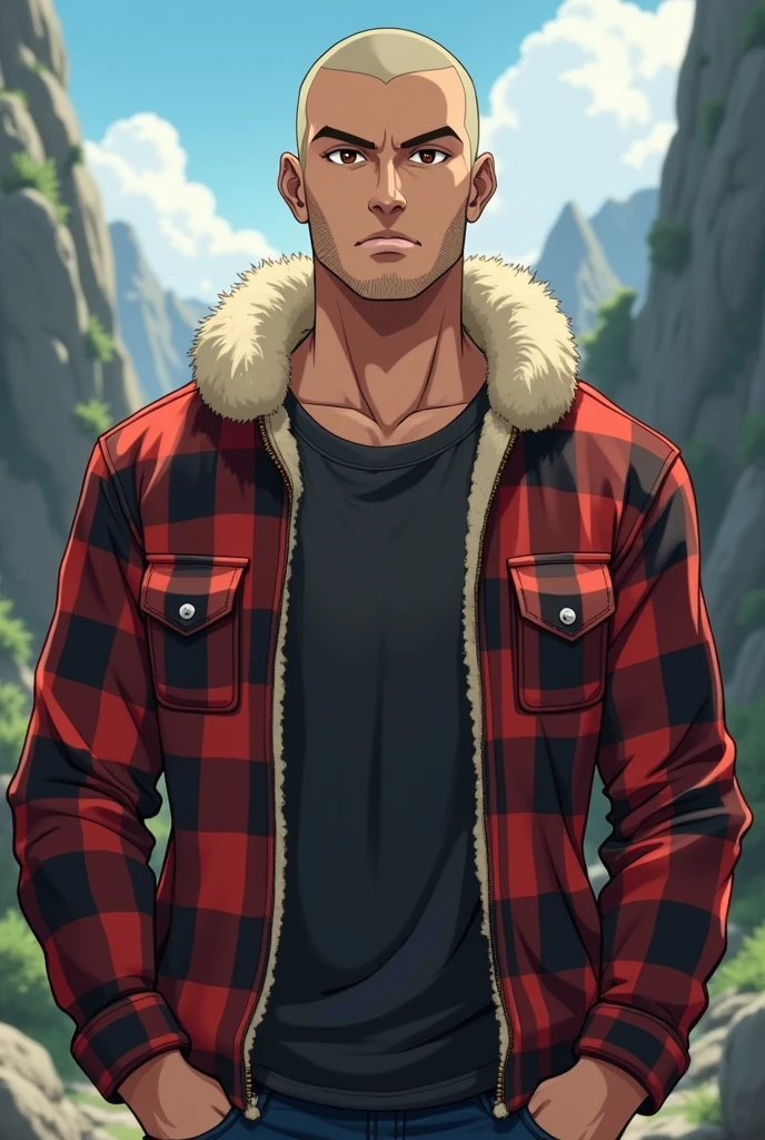 Tall Man, young, shaved hair, Checkered lumberjack jacket with sheepskin, anime, short beard