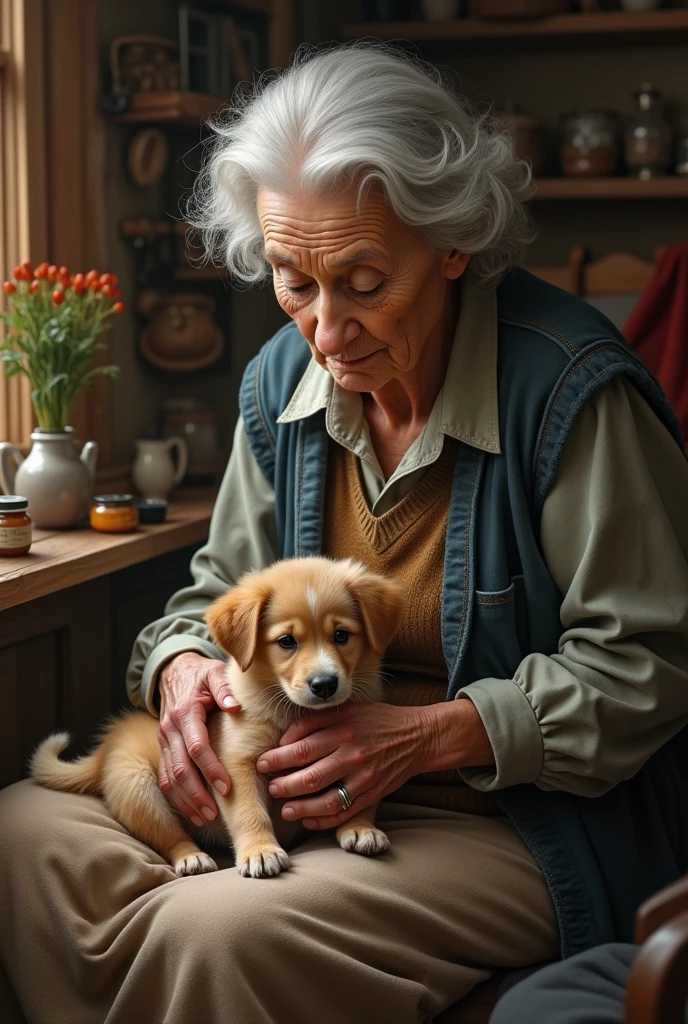 An old women treating the hurted puppy