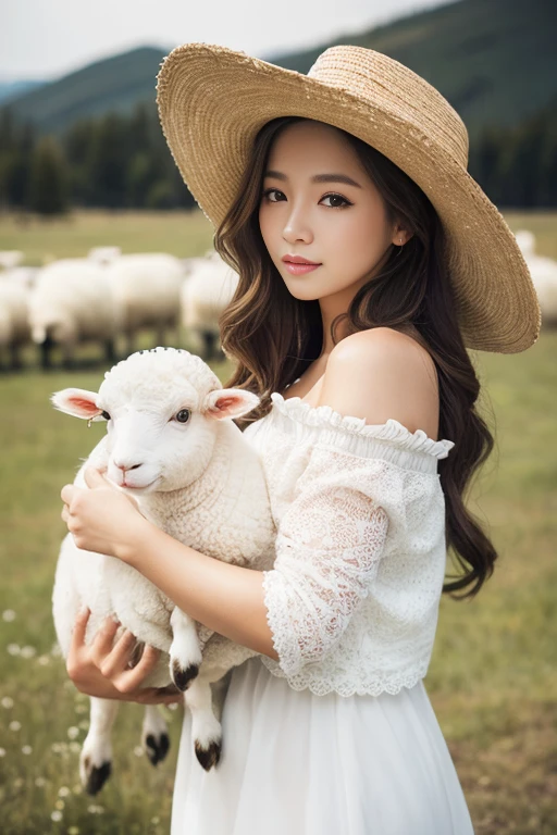 Highest quality,High resolution,Woman holding a white sheep,Cowboy shot composition:1.5,Clear eyes are cute,Sexy fluffy sheep&#39;s wool leotard:1.5,Her long hair that reaches down to her waist is fluttering:1.5,There are lots of sheep&#39;s fluff flying around:1.7,The background is a meadow