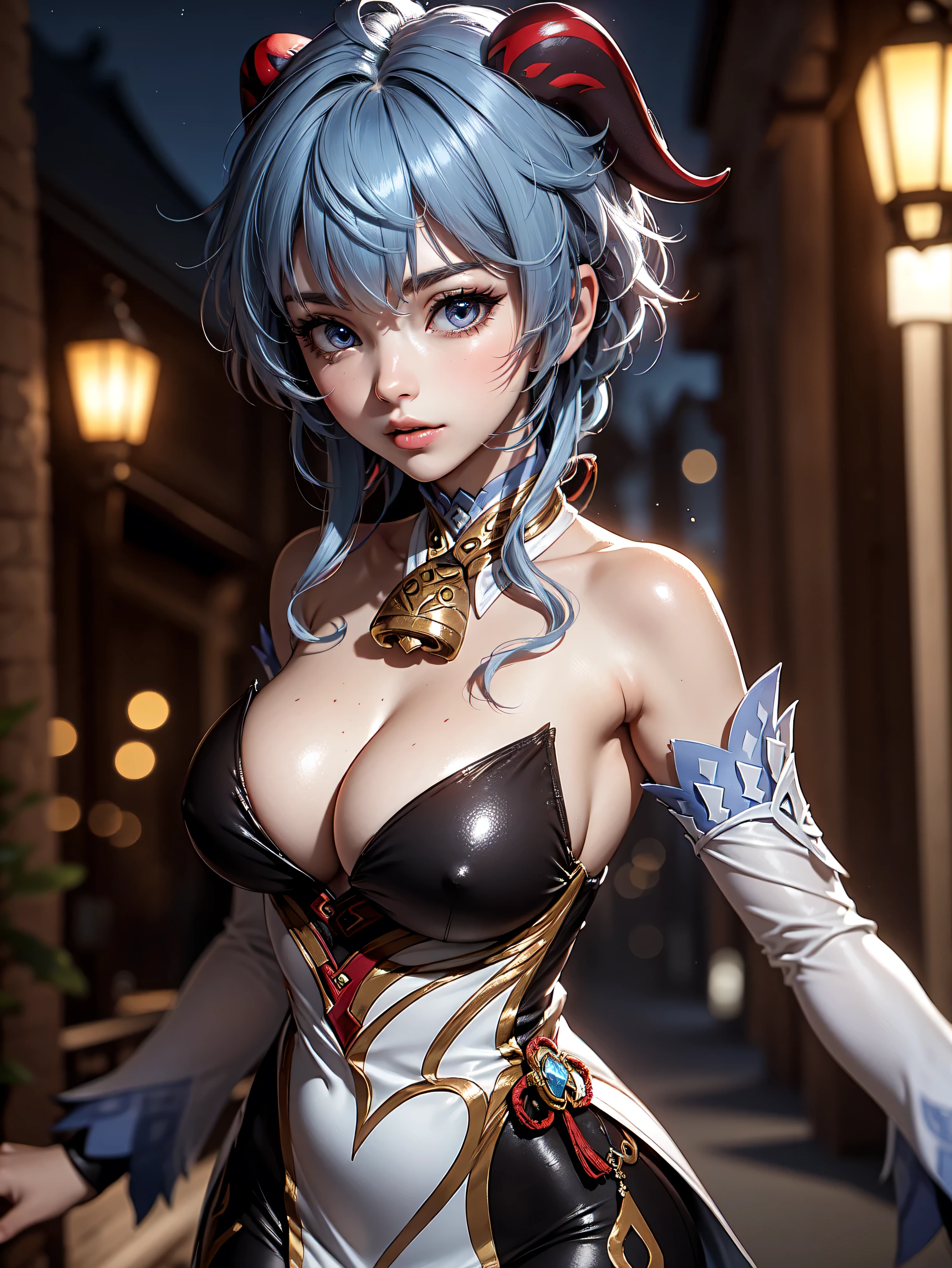 Solo, ((masterpiece)),(best quality),((ultra detailed)), (( blurry night background)), (dynamic angle),((beautiful detailed eyes), ((dynamic pose)), pretty face, ((sexy, cleavage)),((ganyudef))