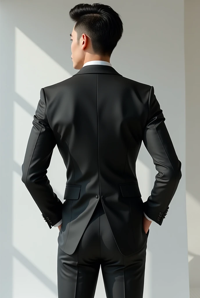 Attractive Asian man, wearing a tight suit, showing his big ass