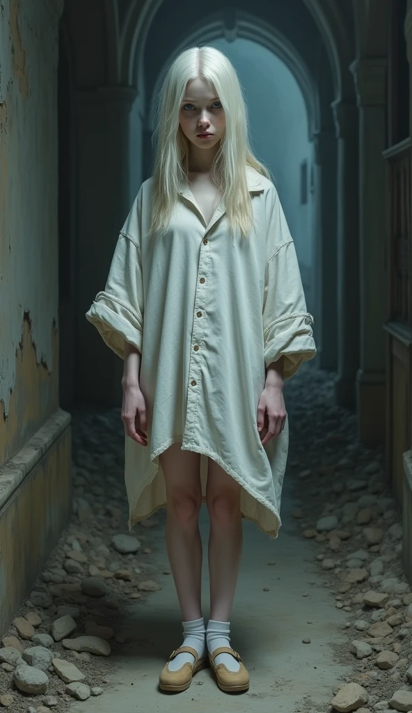 grimdark style, realism painting, korean, milky and tender alabaster skin, covered in sweat, light violet eyes, albino, beautiful young female, very long plaatinum blonde thin silkie and smooth hair, beautiful narrow and thin face with delicate features, wearing a dirty oversized white shirt white socks and flat shoes, creepy old dilapidated church, midnight, Looking at viewer, 