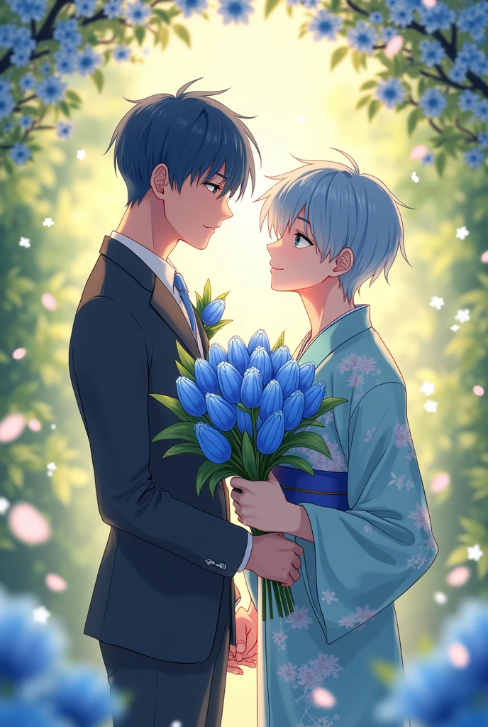 anime type image, Two men, one with blue hair and the other with light blue hair, getting married, The one with blue hair who has a bouquet of blue tulips