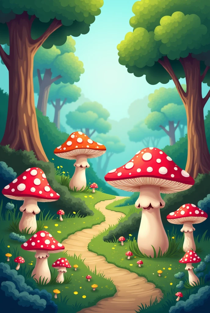 A cartoon-style forest with mushrooms