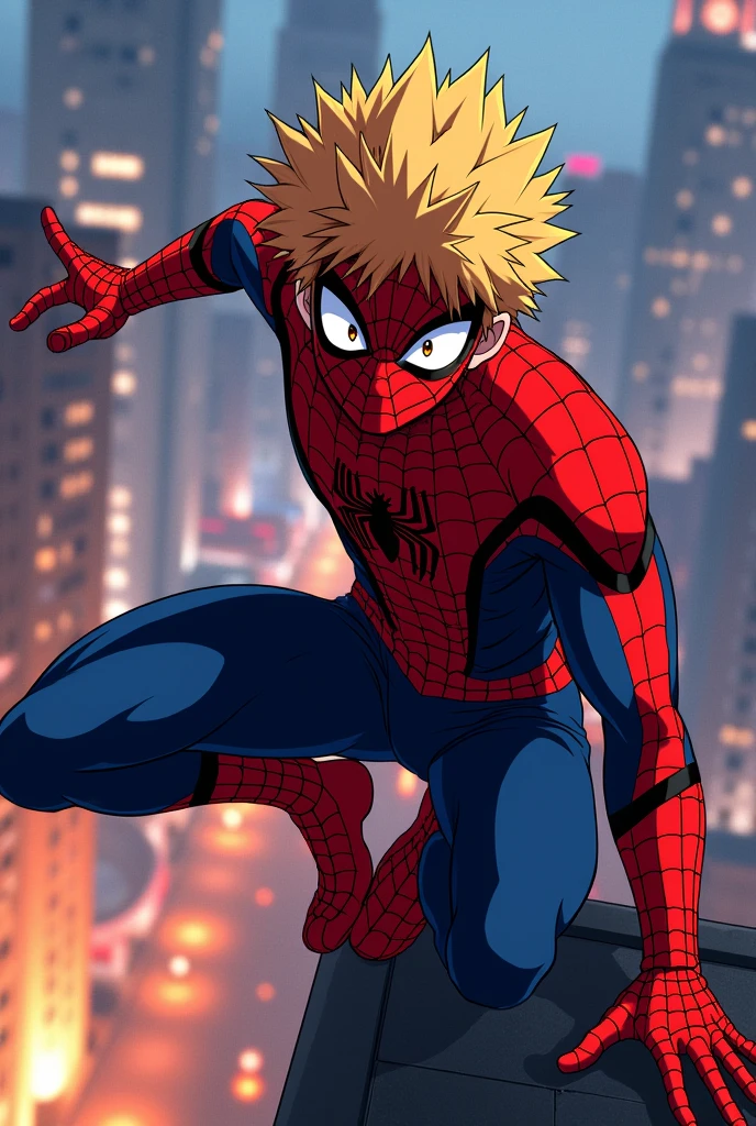 bakugo Katsuki dressed as Spiderman with his face uncovered in his anime version