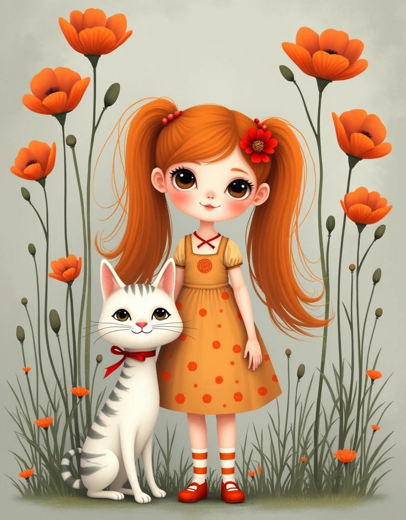 A whimsical and charming digital illustration of a young girl with long, flowing orange hair styled into two large ponytails, standing beside a tall, elegant white cat with soft gray stripes and a red ribbon around its neck. The girl is wearing a vintage-style dress adorned with circular patterns in shades of orange and white, perfectly matching her striped socks and orange shoes. Her face is expressive, with large, innocent eyes, a small smile, and rosy cheeks with a single red poppy flower tucked into her hair. The background is a muted, textured gray, filled with tall, slender stems of vivid orange poppies that surround the girl and cat, creating a cozy and magical atmosphere. The overall style of the illustration is playful and slightly surreal, with exaggerated features and delicate textures that add to the whimsical, fairytale-like charm of the scene.