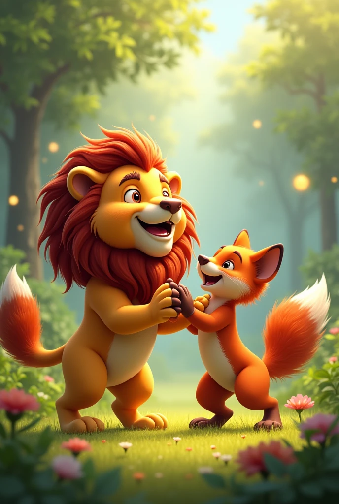 Celebration of Friendship**: The lion and fox playing together, showing joy and celebration of their strengthened friendship.