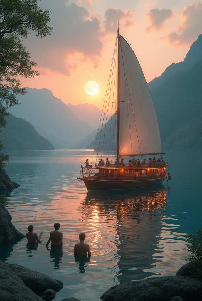 "A floating paradise on a crystal lake: a beautiful sailing vessel with sails unfurled and warm lights glowing from within, floats on silver waters under a rose-gold sky. A group of happy hikers enjoy the setting sun on the deck, while others relax in the water at their feet. The sea breeze caresses the surface, creating small waves that reflect the rising full moon. The landscape is a dream, with green mountains and leafy trees stretching as far as the eye can see."