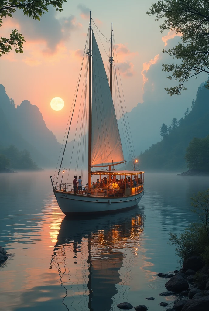 "A floating paradise on a crystal lake: a beautiful sailing vessel with sails unfurled and warm lights glowing from within, floats on silver waters under a rose-gold sky. A group of happy hikers enjoy the setting sun on the deck, while others relax in the water at their feet. The sea breeze caresses the surface, creating small waves that reflect the rising full moon. The landscape is a dream, with green mountains and leafy trees stretching as far as the eye can see."