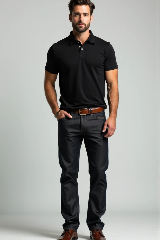 Create a clothing combination for a black polo shirt for men