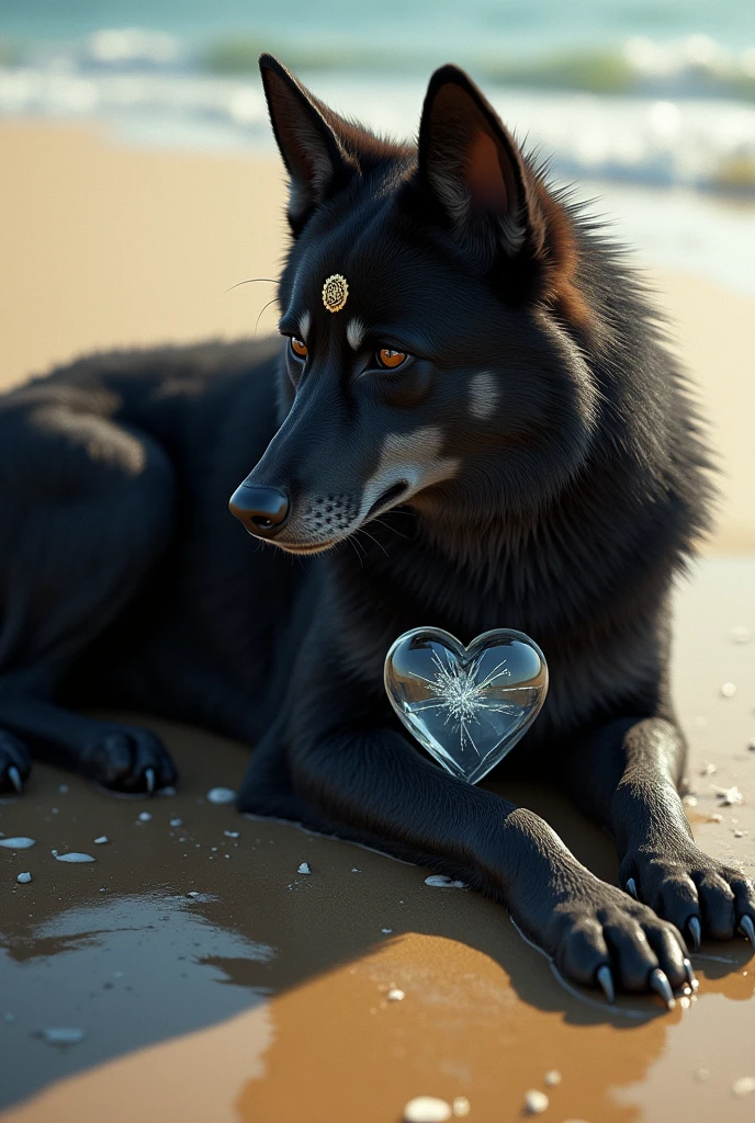 Black Siberian Husky wolf with wings lying on a beach.
Brown eyes and sad look.
A seal of a small sun on the forehead.
And a little broken glass heart in my chest .
tatoo