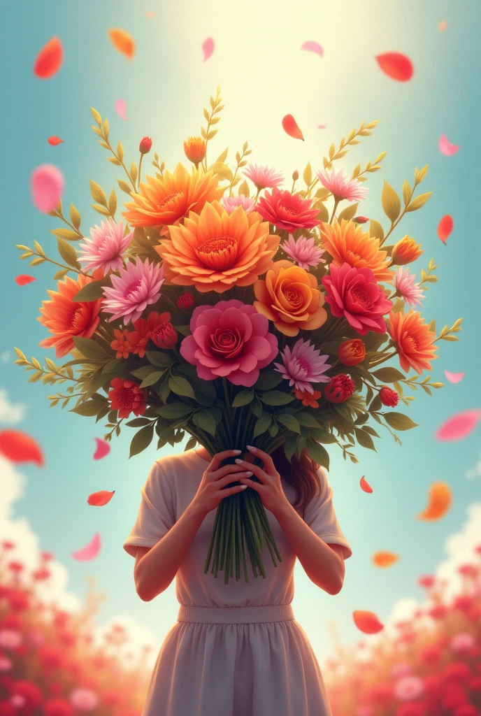 The image should show a person who has won a competition, He is holding a bouquet of flowers in his hands, The bouquet covers the face of the winner. The image must be animated dreamlike