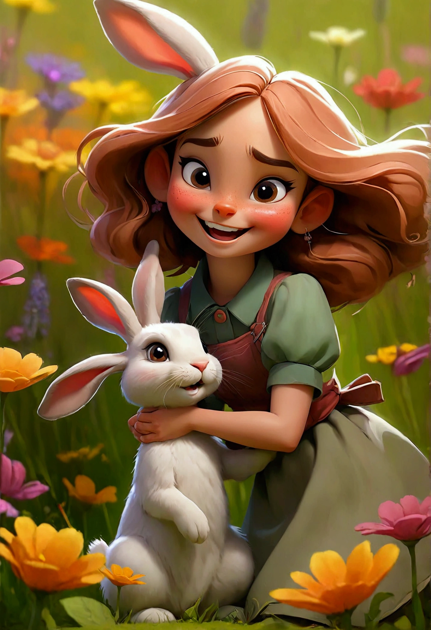 A cheerful scene of a girl and a rabbit playing together in a field, surrounded by colorful flowers.