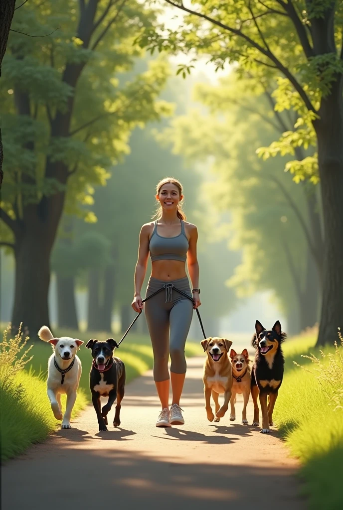 woman walking six dogs on leashes