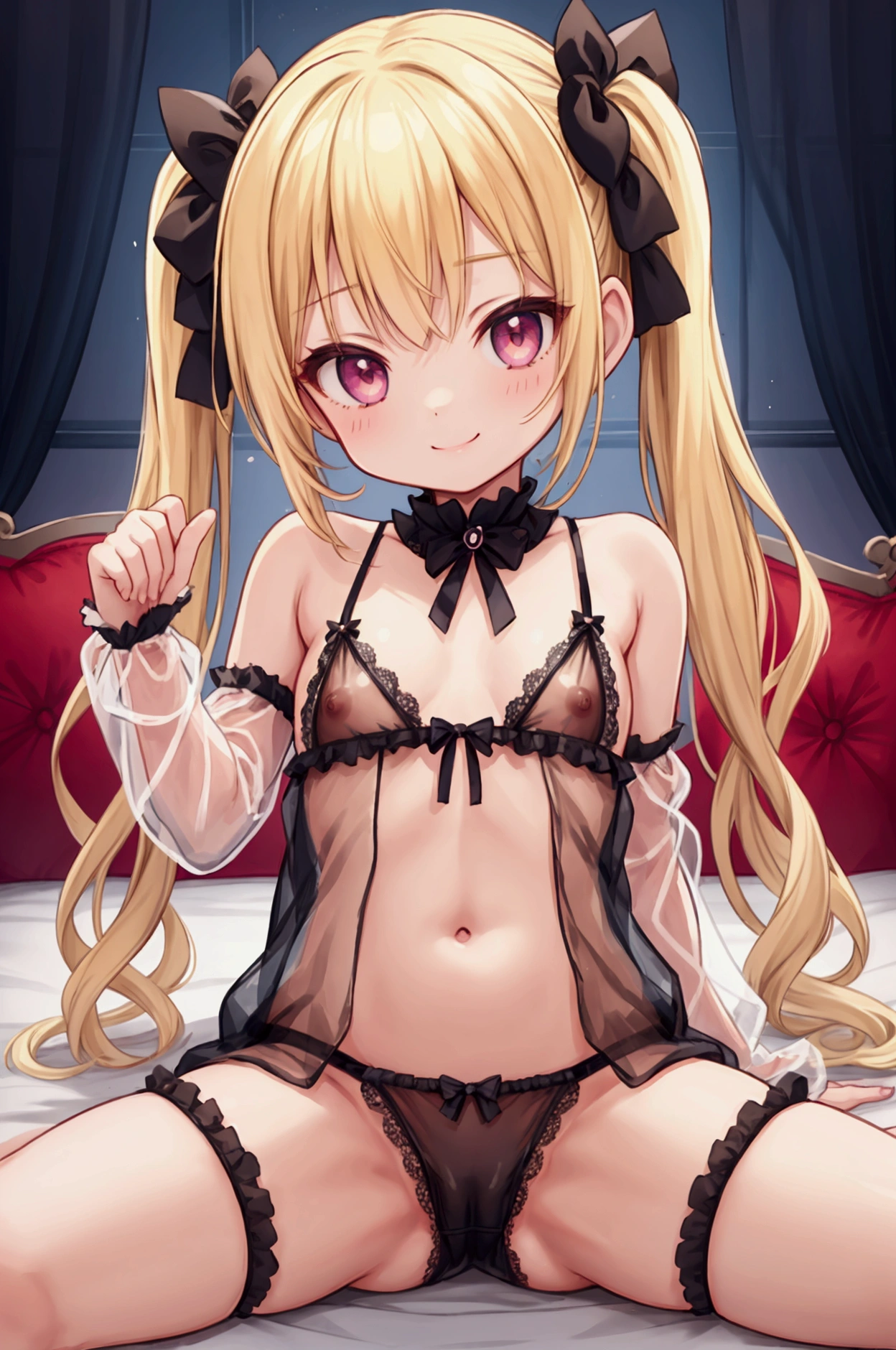 Girl、Child、Young、Blonde、Twin tails、Gothicta、smile、Flat Chest、See-through lingerie、See-through nipples、bottomless、No underwear、Bedroom、spread legs