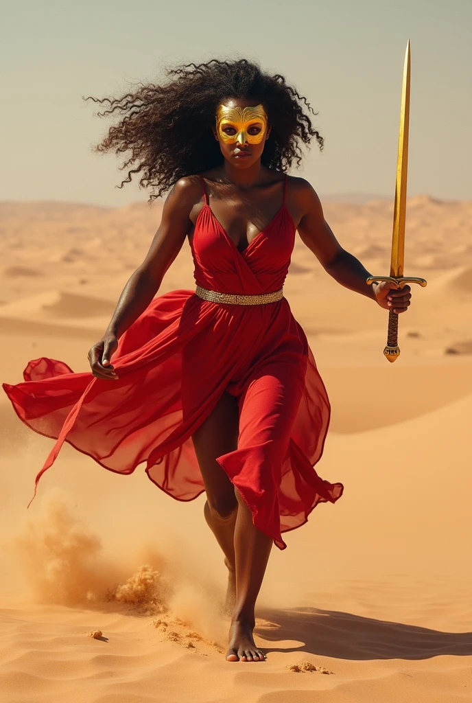 Woman, black, curled hair, wearing a flowing red dress and a golden mask, running in the desert barefoot and a golden sword in her left hand.