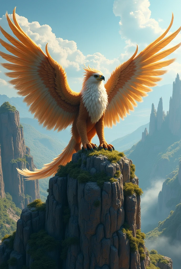 Griffon spreading wings on cliff, griffon, eagle head and wings, lion lower body, furry fantasy art, mythical creature, griffin-like style, flying mythical creature, 4K fantasy art, spectacular fantasy digital art style, symmetrical spectacular fantasy art, amazing wallpaper, spectacular fantasy art style, realistic fantasy artwork, mythical creatures, high quality fantasy art, spectacular fantasy digital art