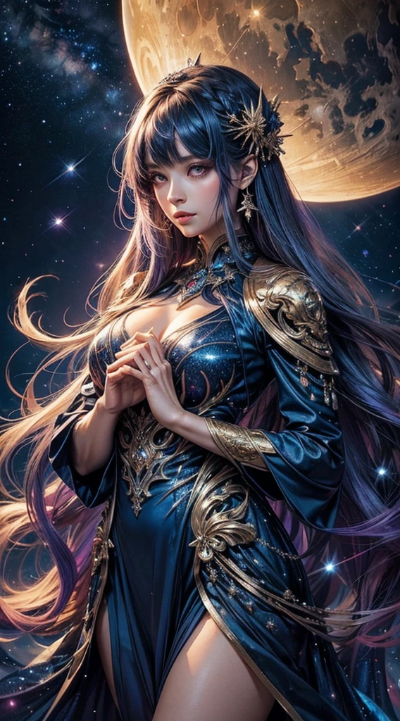 A watercolor art of an anime-style enigmatic female figure in iridescent cosmic-themed attire. The attire is shimmering with stars and galaxies. She gently holds her face with both hands. The intricate cosmic sleeves have patterns of twinkling stars and nebulae. Her hair flows gracefully and has hints of deep blues and purples. The vibrant cosmic palette includes rich blues, purples, and hints of gold. The figure has radiant highlights. The background is a detailed night sky with stars, planets, nebulae, and a glowing moon. The overall image has a soft celestial glow and subtle celestial objects like rings of planets, shooting stars, and constellations. There are soft swirling light trails and particles. The atmosphere is serene contemplation and cosmic wonder.