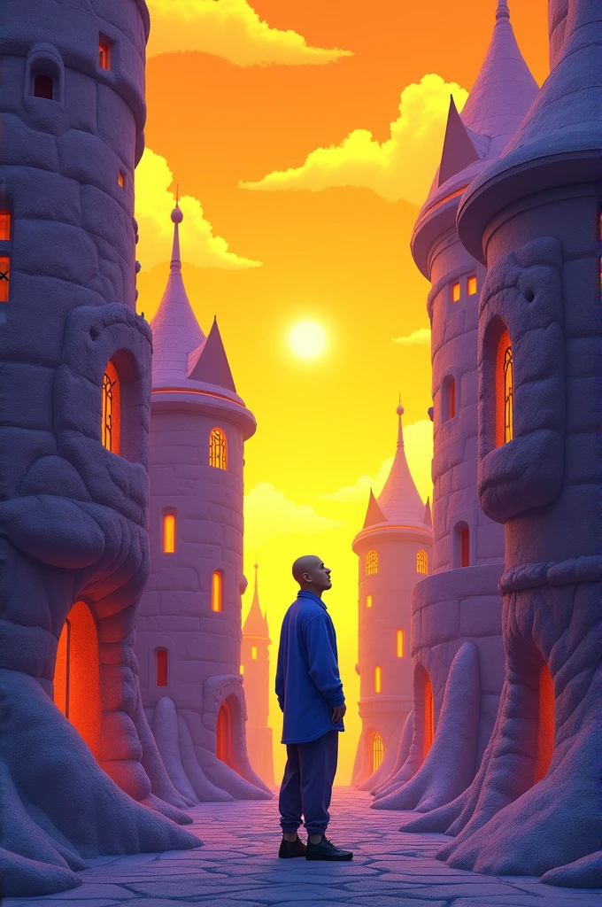 A yellow sky with violet, stone buildings with orange glass windows. A bald man dressed in blue looking at the sky in profile