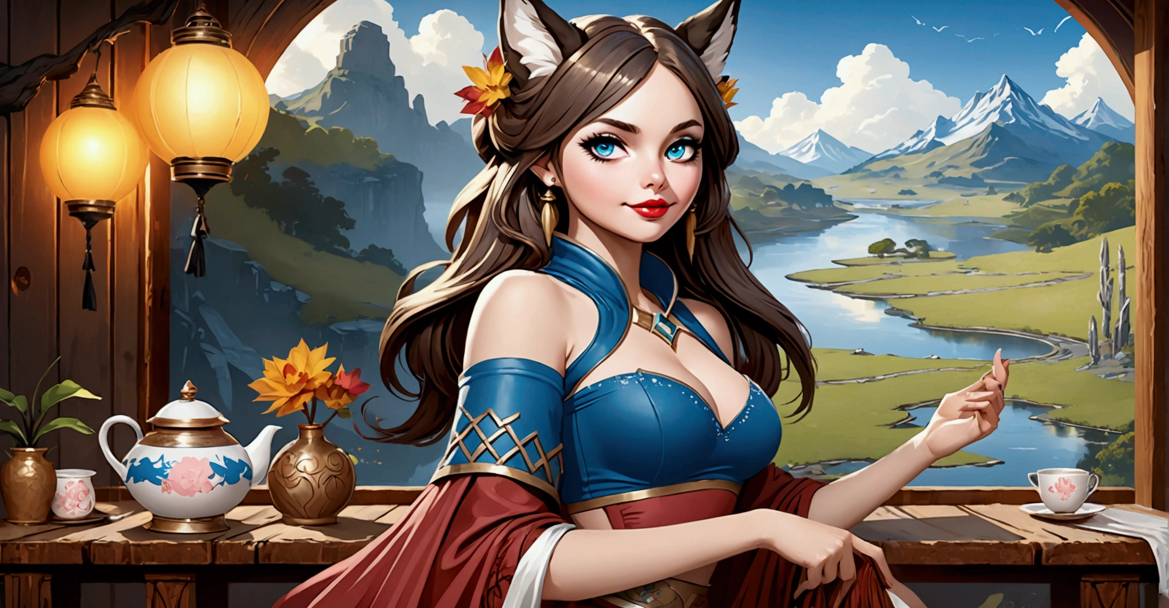 Anthropomorphic feminine kitsune enchantress. Official Art – An Award-Winning Digital Masterpiece In 4K Ultra HD, Extreme Detail And Intricate Realism. Symmetrical Face. This Concept Art Brought To Life By The Hands Of Artists Like Wlop & Artgerm In A Stunning 2D Vector Illustration. Background Is A Panoramic Vista.
