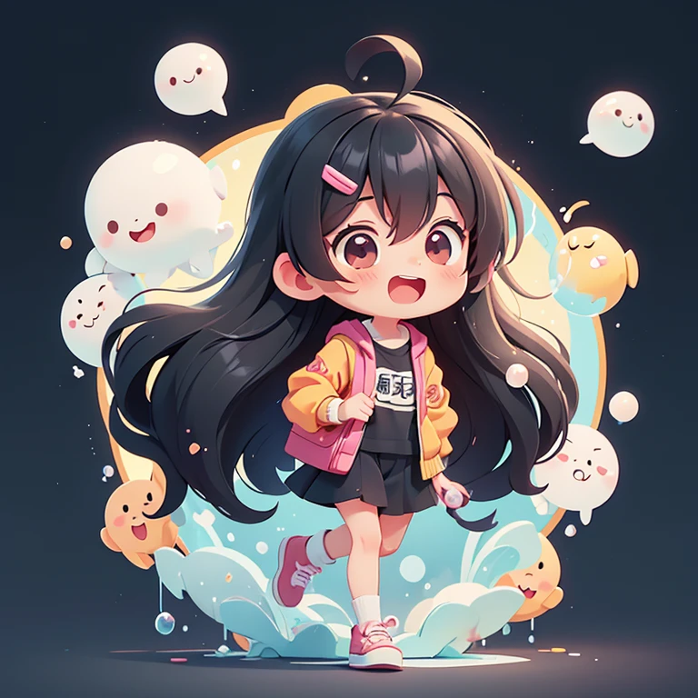 1people々、Happy atmosphere,Cute Style,Cute cartoon,round background,masterpiece Long black hair Cute Characters Anime Style charm High resolution delicate university student Has bubble gum coming out of his mouth