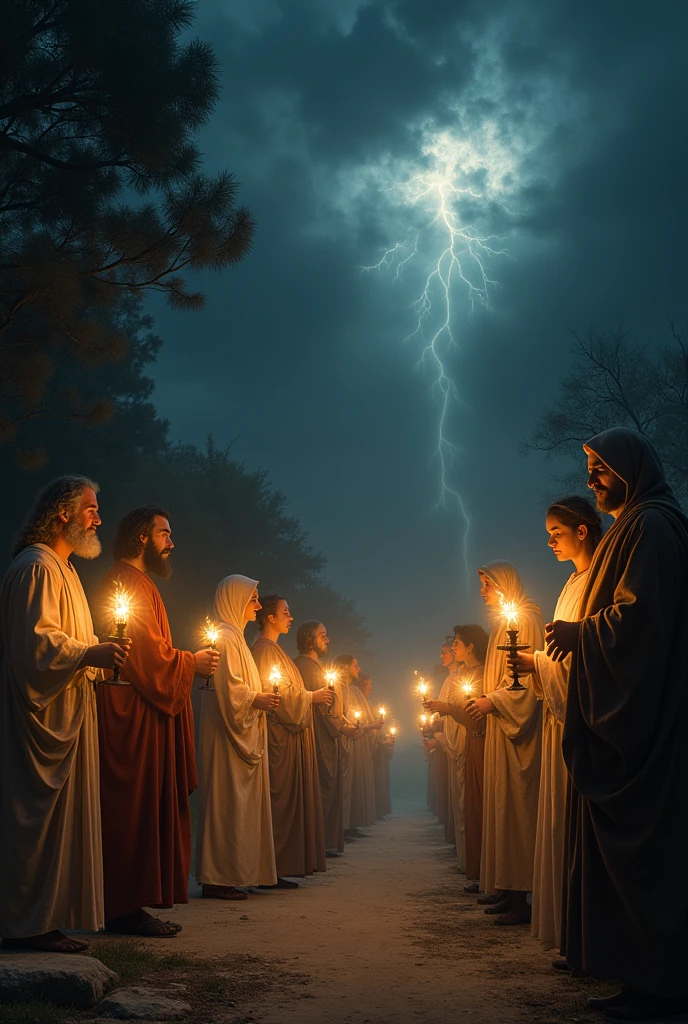 tells the parable of the ten virgins and the meeting with the bridegroom, that arrives unexpectedly at midnight