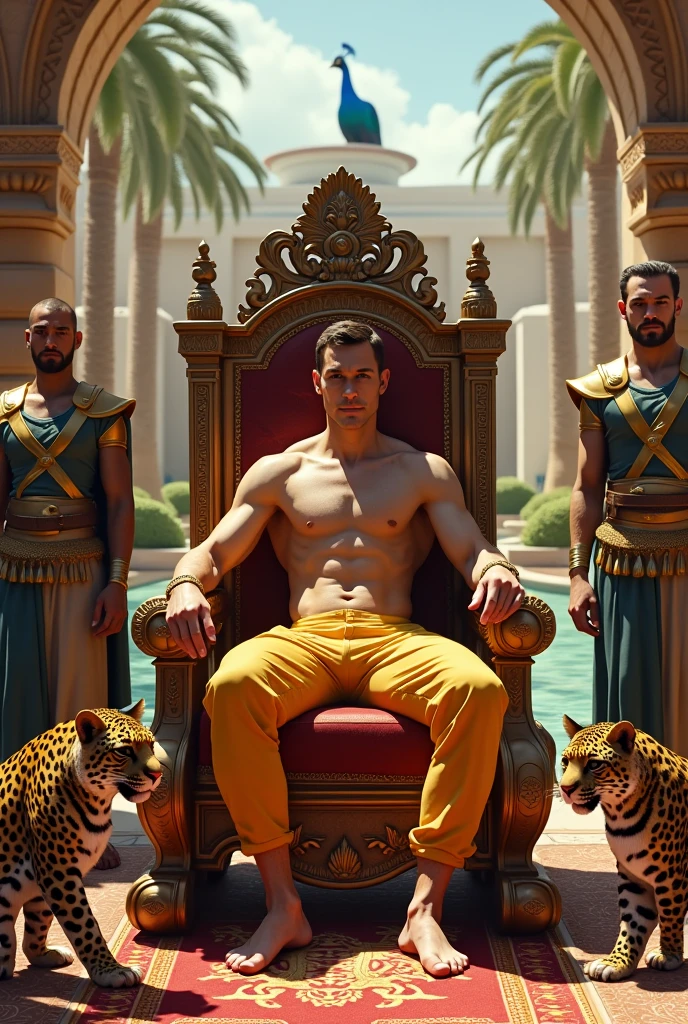 A handsome handsome man shirtless wearing gold pants sitting on a king's chair, thin white skin, in the desert palm tree behind a lake and a peacock with two leopards at his side, carpet under his feet and two Roman soldier men at his side and a girl dancing for him