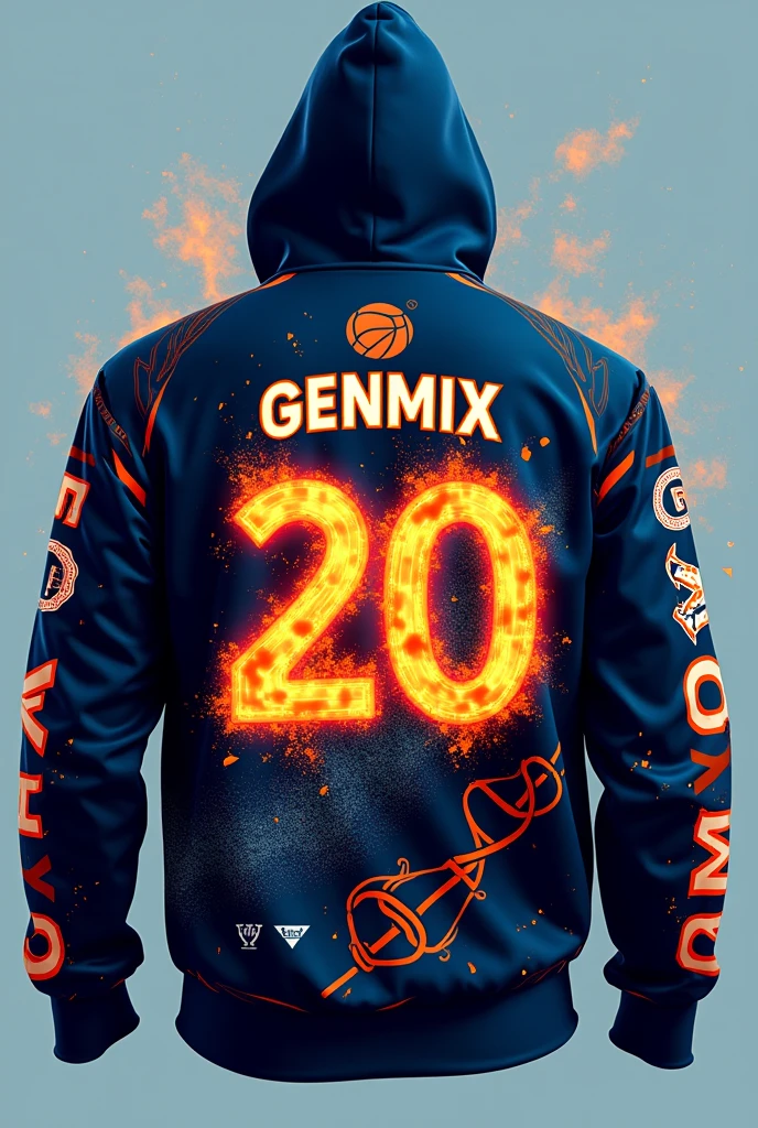 Can you create a design for me of a sweater for a volleyball team? , WITH THE NAME GENMIX IN THE MIDDLE and the Number #20 containing orange with fire and light blue colors , that has DNA or gene designs and a volleyball ball , that is quite striking