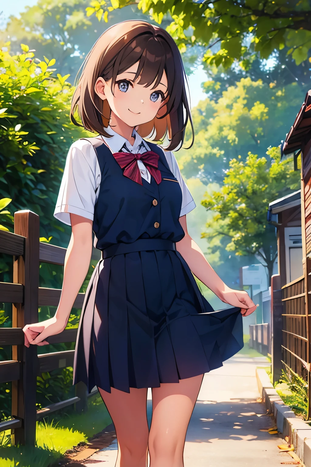 Brown Hair、beautiful girl、Short sleeve school uniform、smile、That&#39;s amazing.、Brown Hair、Medium Hair、V sign、Inside the school、
