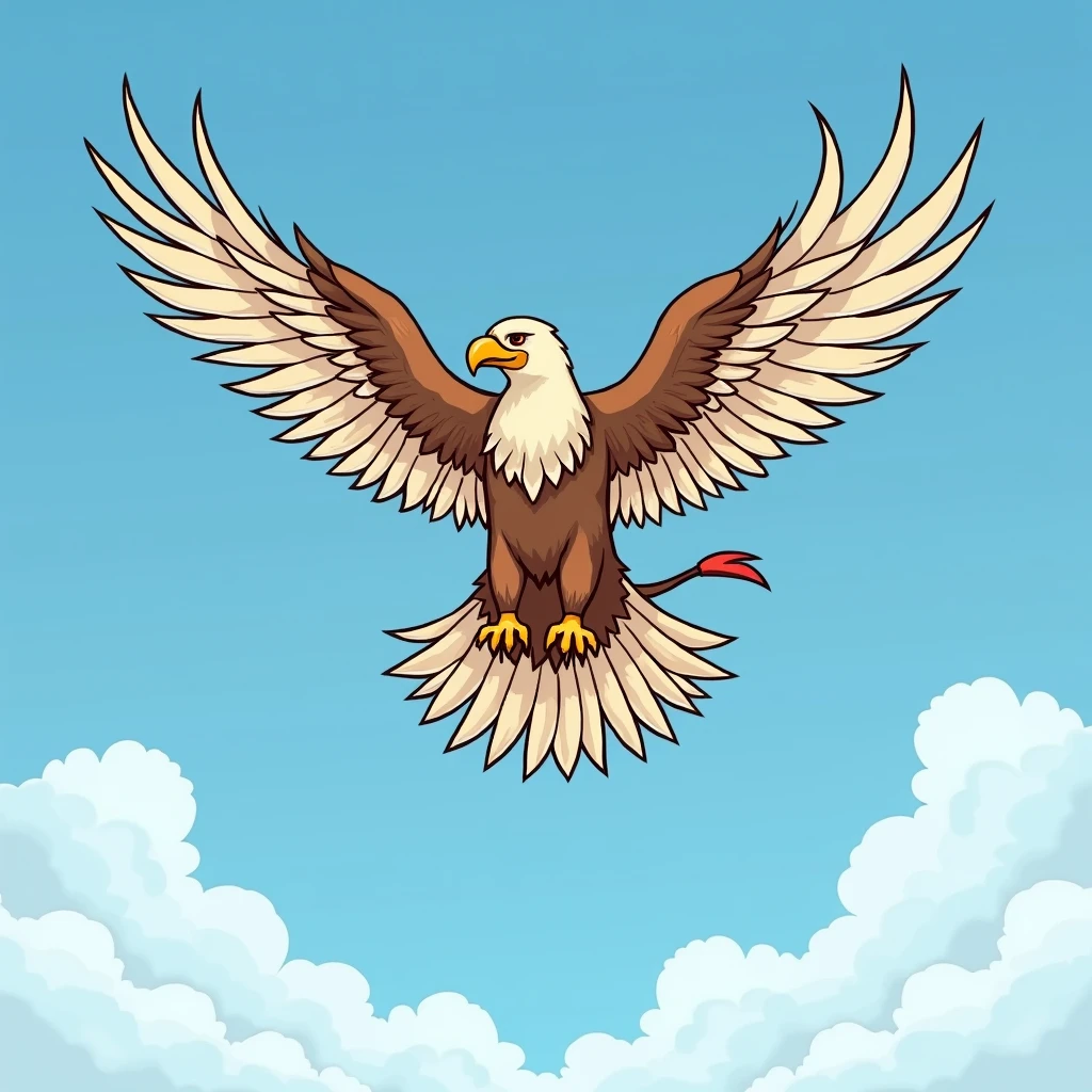 Legendary creature with the wings and upper body of an eagle and the lower body of a lion is flying blue sky, don't draw lion's head,