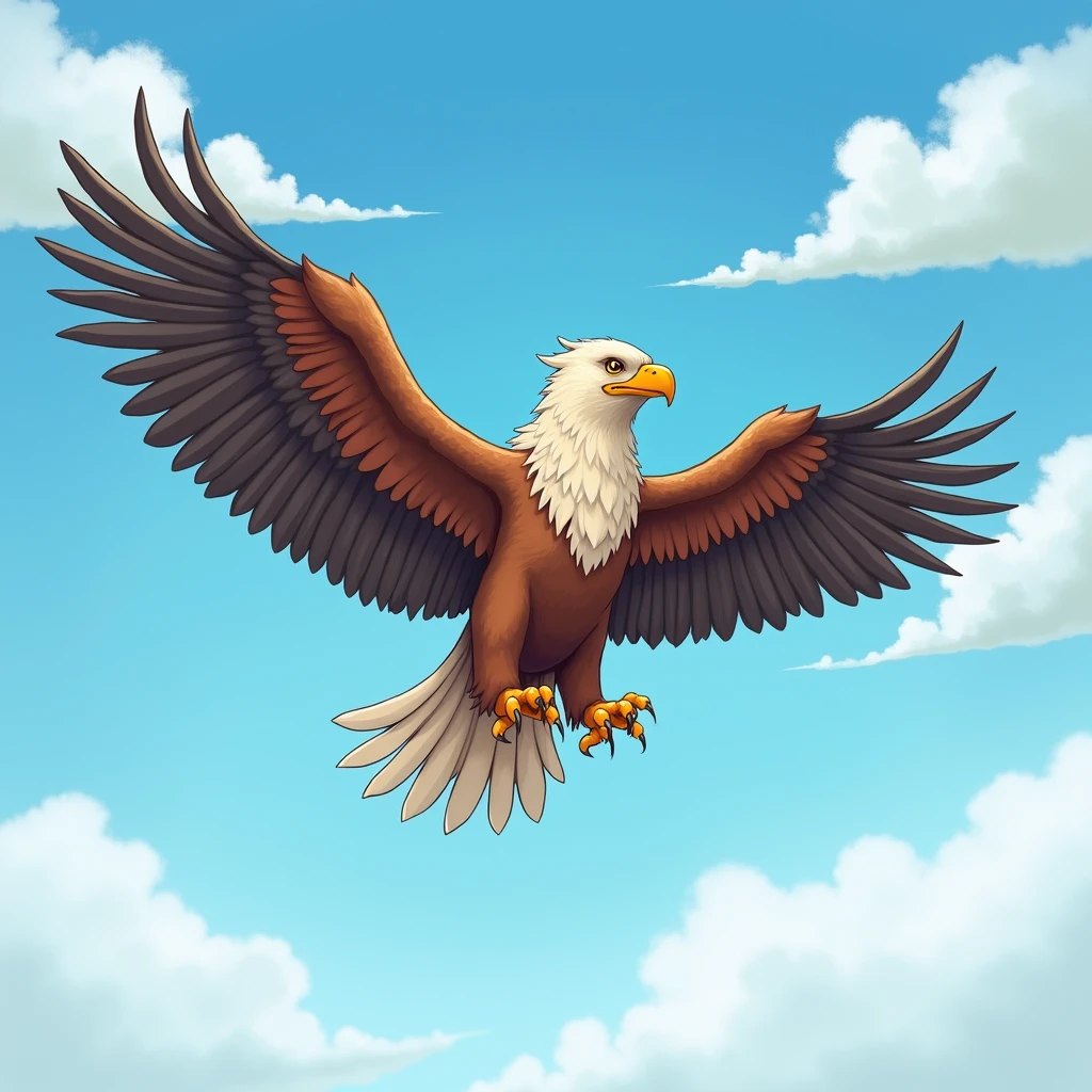 Legendary creature with the wings and upper body of an eagle and the lower body of a lion is flying blue sky, don't draw lion's head, 
