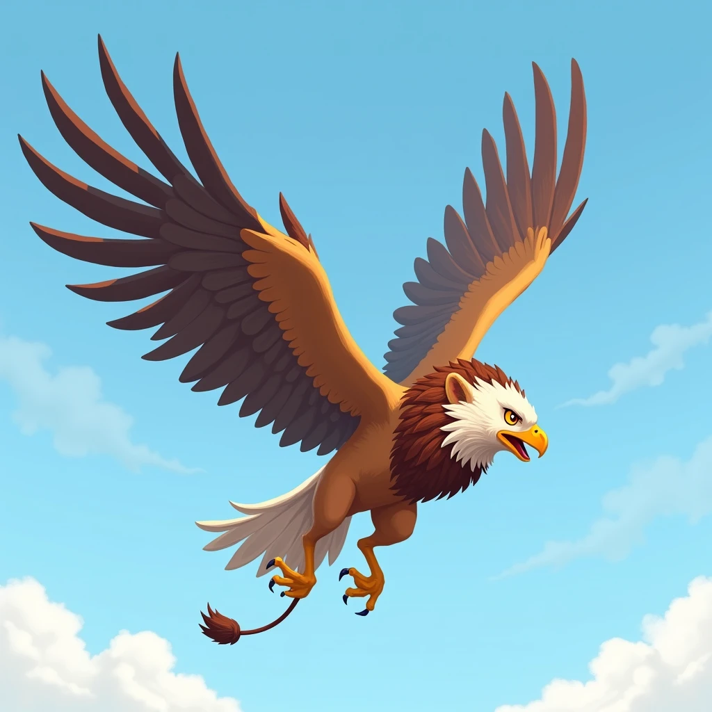 Legendary creature with the wings and upper body of an eagle and the lower body of a lion is flying blue sky, don't draw lion's head, 