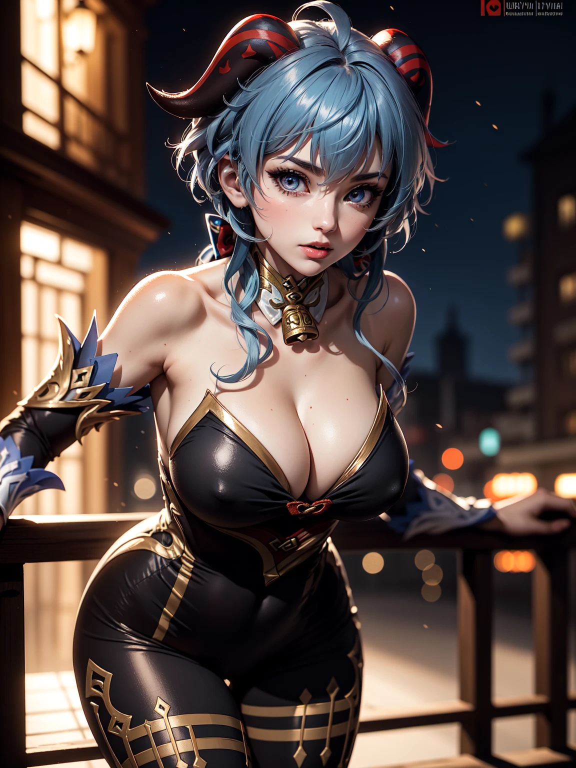 Solo, ((masterpiece)),(best quality),((ultra detailed)), (( blurry night background)), (dynamic angle),((beautiful detailed eyes), ((dynamic pose)), pretty face, ((sexy, cleavage)),((ganyudef))