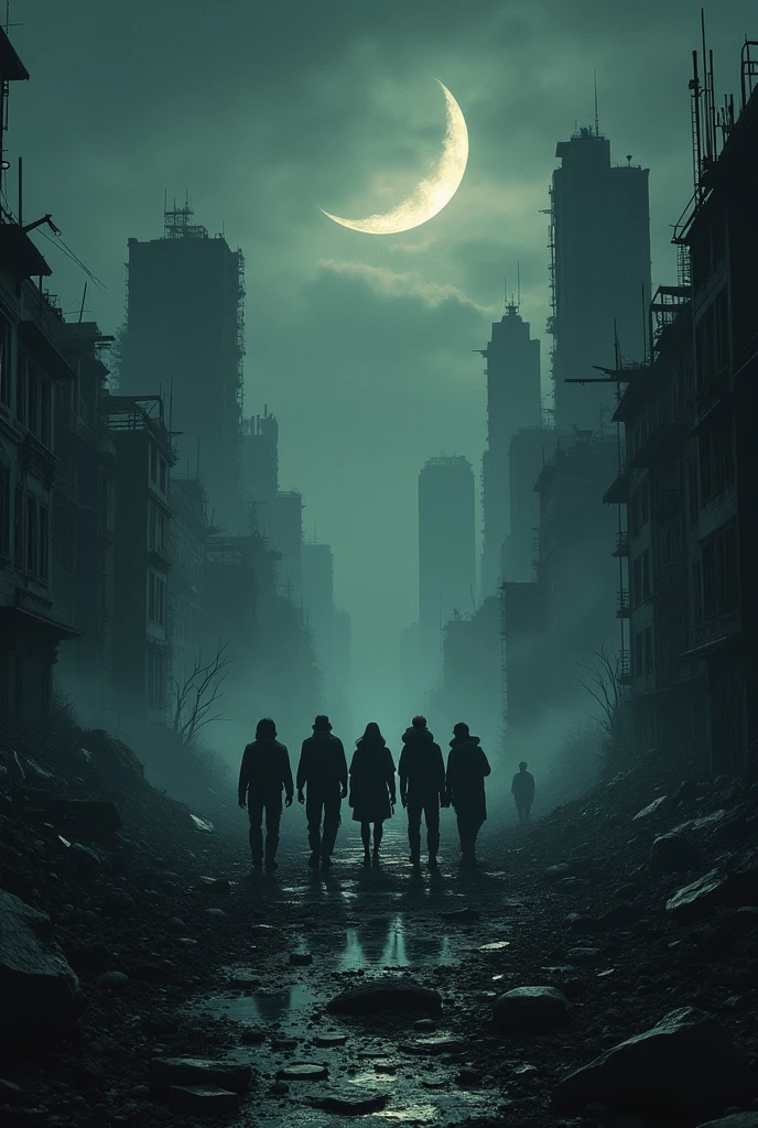 "An apocalyptic city in ruins: A desolate landscape where defeated buildings and rubble rise among the shadows of the night. The crescent moon makes the atmosphere even more gloomy., Illuminating empty graves and dead ends. In the middle of this hell, A group of survivors clinging to their possessions, They try to find refuge in what little remains of civilization.. The air is filled with the wailing of the last survivors and the sound of the wind blowing through the ruins.."