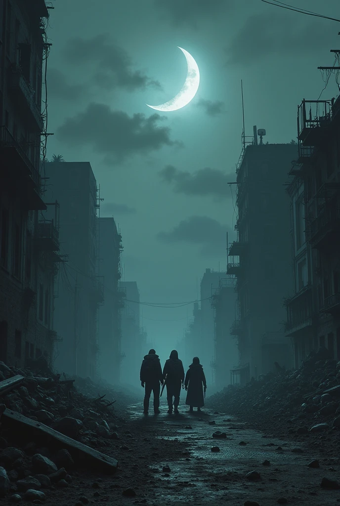 "An apocalyptic city in ruins: A desolate landscape where defeated buildings and rubble rise among the shadows of the night. The crescent moon makes the atmosphere even more gloomy., Illuminating empty graves and dead ends. In the middle of this hell, A group of survivors clinging to their possessions, They try to find refuge in what little remains of civilization.. The air is filled with the wailing of the last survivors and the sound of the wind blowing through the ruins.."