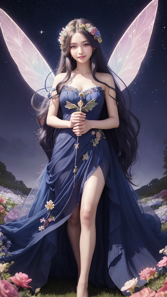 A beautiful flower fairy with navy dress and long hair,holding a starry wand. She has transparent, colorful wings and a gentle smile, facing the viewer directly. The background is a bright, colorful garden full of flowers in a daytime setting, depicted in romantic fantasy digital art, showing only the upper half of her body.