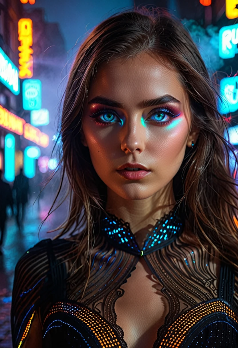 ((RAW photo), absurd, (absurdresolution)), masterpiece, best quality, (best shadow), beautiful detailed glow, hyperrealism, (realistic eyes sharp pupil), close-up photo of beautiful young woman in dark dress on future city street, neon, fog, volumetric, technology. «SunPuma S»