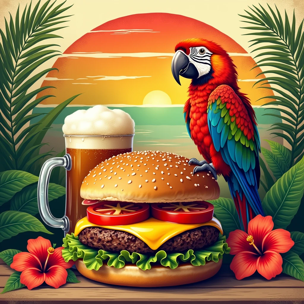 black background,realistic,design featuring a detailed illustration of a cheeseburger with all the fixings, next to a frosty mug of beer. Set the cheeseburger against a semi-circle background of horizontal stripes that resemble a vintage sunset. Use vibrant colors orange,beige,red,green,yellow,blue for the stripes, with a slightly worn,textured effect create contrast.surrounded by lush tropical plants like palm leaves and hibiscus flowers The overall styleblend realistic illustration with retro inspired.Include a colorful parrot perched among the foliage to enhance the island vibe.
