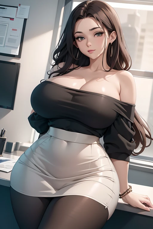 (best quality), (masterpiece), 1 girl, early 20's, huge heavy breasts, perky breasts, thick, thick lips, wide hips, thin waist, Long hair, Curly Hair, Earrings, Office Lady, Off Shoulder Blouse, High Waist Black Skirt, Pantyhose, bracelets, office