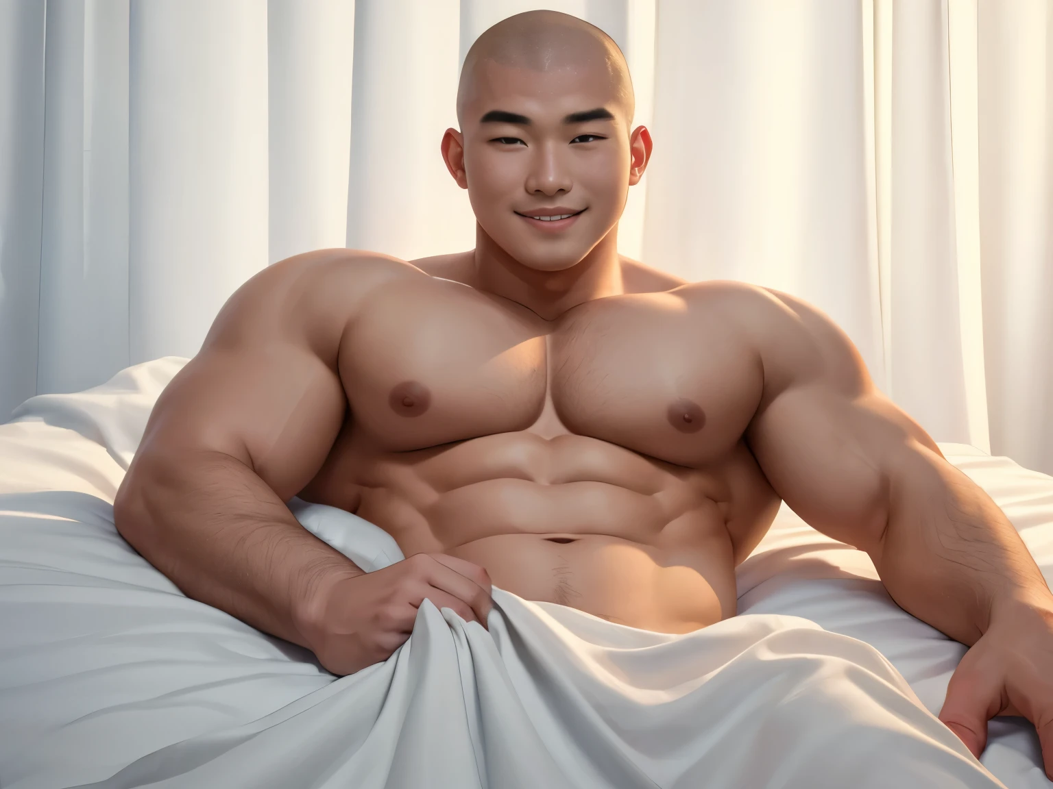 (Highest quality:1.5), (masterpiece:1.5), (8k:1.5), 1 man, full body, On the bed, (surrounded by white curtains:1.3), Lying down, 20-year-old, shaved head, Huge body, Macho, (Asian people:1.1), (Completely naked:1.2), smile