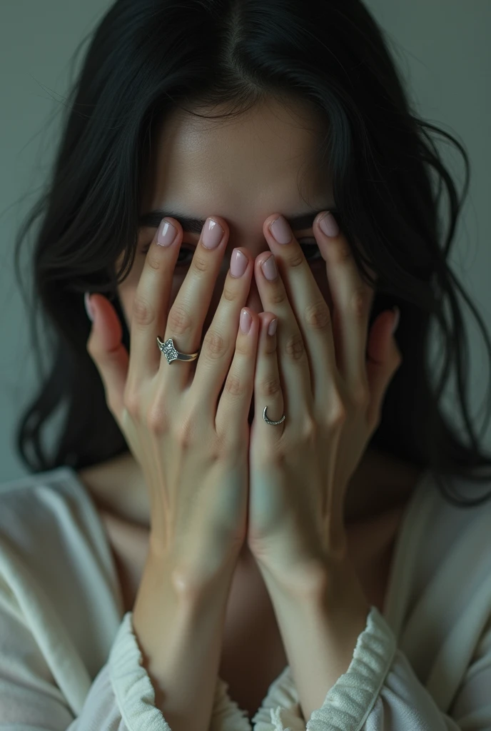 A woman covering her face with her hands and with a moon painted on her nails
