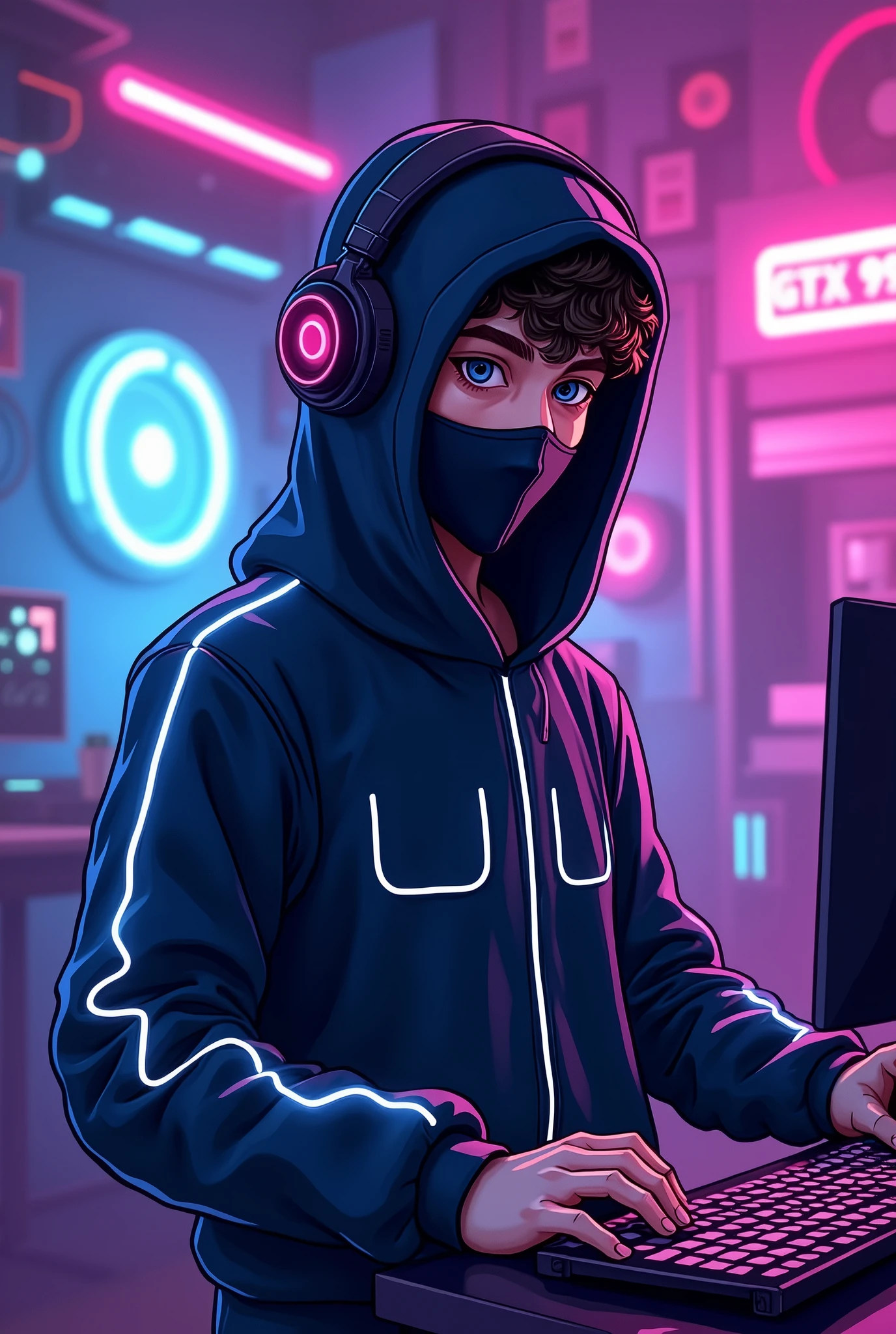 ((best quality)), ((masterpiece)), ((Detailed)), ((cartoon)),A 20 year old young boy wear black colour cloth mask on face and headphones and playing game in his video game device his purple and blue neon background, white neon outline on his body  8k UHD, Ninja Outfit , a Text in his background (Gtx99 )  ( A circle Mask for profile picture)