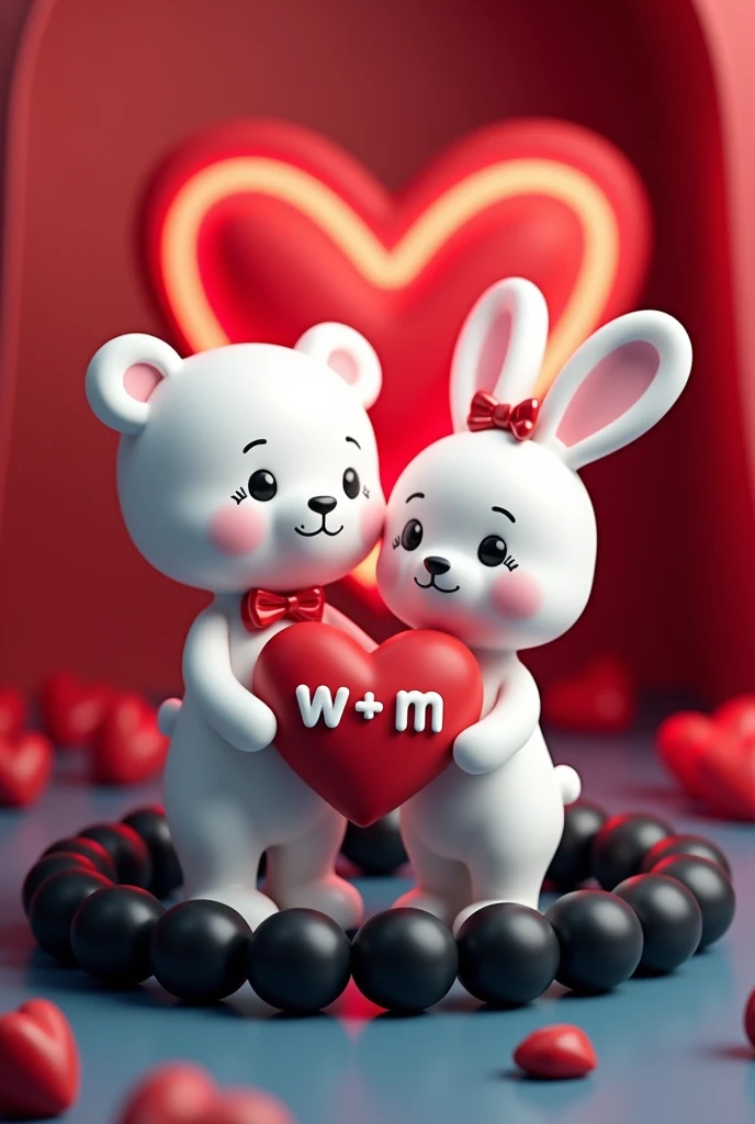A 3D render of a white teddy bear and a white bunny rabbit wearing a red bow holding a red heart "W + M" written on it in Capital alphabets, are standing in a black beaded bracelet. The bracelet is sitting on a dark red and blue surface with a neon red heart shape in the background. The image is in the style of a cute cartoon.