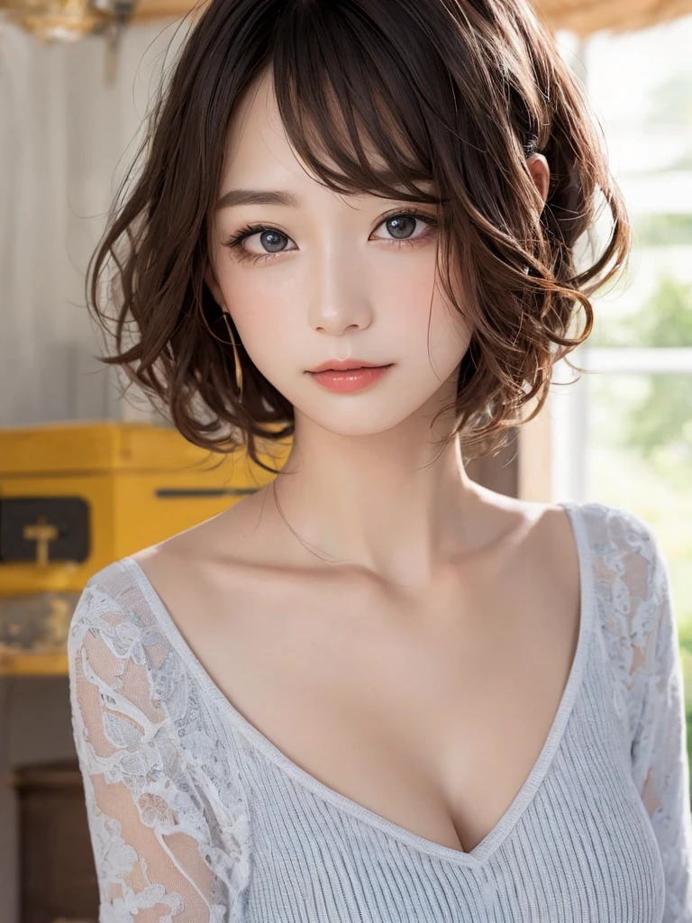 (Highest quality、8k、32K、masterpiece、Oil paints:1.2)、(Realistic)、(High resolution)、(Very detailed、Attention to detail、Rich skin detail)、Appearance like an idol、Big eyes、very young、Natural Makeup、One girl、独奏, Upper Body、Round and small face、perfect female body, large breasts, cleavage,Bright colors、curly hair, medium bob hair、Manager of the soccer club、