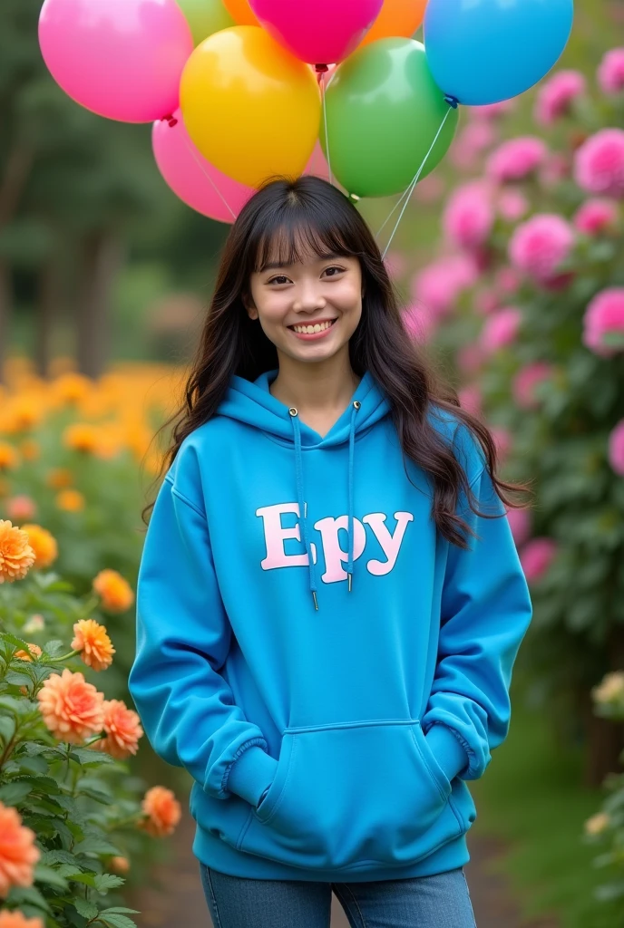 A beautiful Indonesian woman with long hair and bangs wearing a bright blue hoodie with the words Epy written on it is standing in a flower garden holding colorful balloons, smiling at the camera. The photo looks very realistic, realpict, full body photo. 