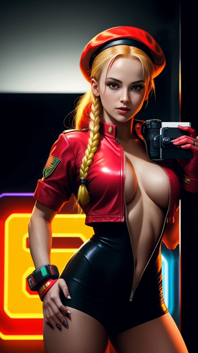 There is Cammy from Streetfighter standing, Red beret, ((return to camera:1.6)), 3D neon art of a woman's body., black neon background, cyberpunk femme fatale, seductive cyberpunk dark fantasy, cyberpunk strip clubs, cyberpunk 20 years. o model girl, cyberpunk oppai, flag, high definition cg society, cg society masterpiece, trend on cgstation, kda, random hair, looking to the camera, giant breasts, neckline, (very detailed skin:1.2), 8k hd, DSLR, super lighting, high quality, film grain, High resolution, Very detailed, Hyper realistic, beautiful face, beautiful body, beautiful eyes nose lips, seductive expression, very daring, superior visible, Full body photo, Standing with legs apart, Pale skin, translucent and shiny, most beautiful face, Beautiful, (well defined pubic hair:1.2)), (dark plain black background:1.4))